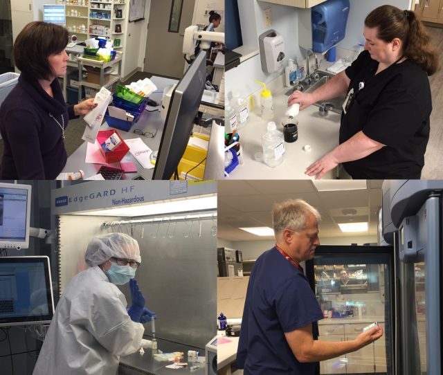 4 separate photos stitched together showing scientists and clinicians working with various medical tools in lab and clinical settings