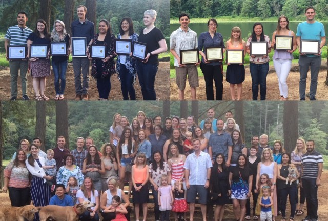 3 separate photos stitched together. 2 of the photos are group shots of residents holding certificates. 1 photo is a large group photo of residents, friends and families.