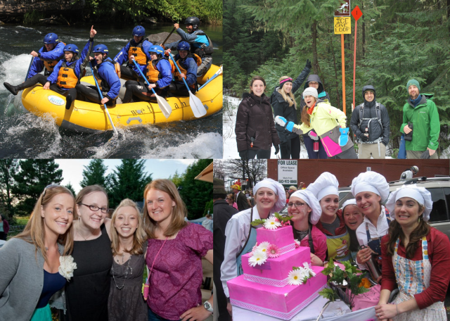 4 separate photos stitched together, showing residents engaged in various activities during leisure time, including rafting, ice cave exploration and baking.