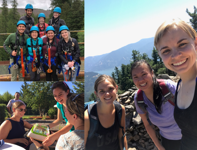 4 separate photos stitched together showing residents in various leisurely activities, including hiking and outdoor exploration.