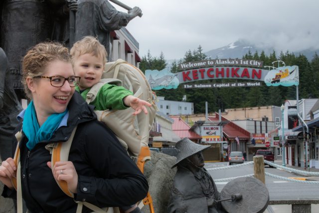A smiling mother and toddler explore Ketchikan