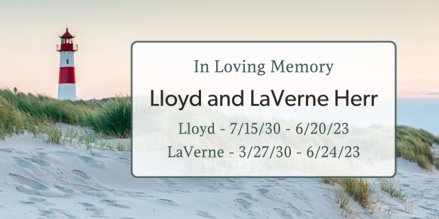 A banner reads "In Loving Memory of Lloyd and LaVerne Herr" with a lighthouse and beach scene in the background