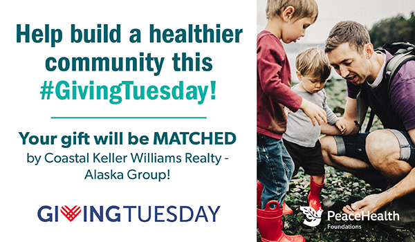 A father figure and kids on the beach collecting rocks with the text "Help build a healthier community this #GivingTuesday!"