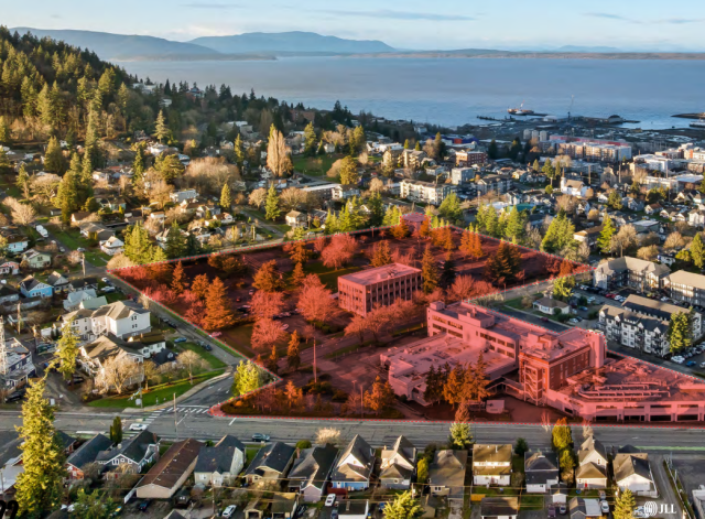 Aerial photograph of PeaceHealth South Campus Property in Bellingham with red boundary outline indicating location within city