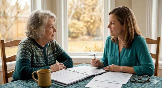 An Advance Care Planning Representative helps an older person fill in an advanced directive