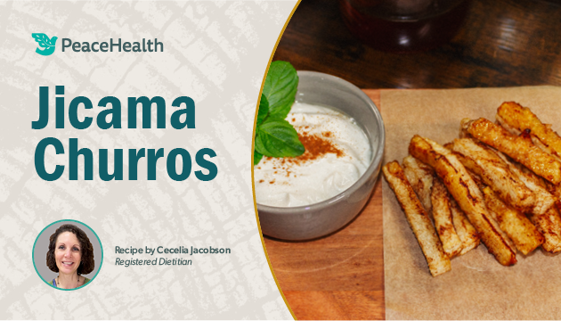 cinnamon-covered jicama sticks next to image of Cecelia Jacobson
