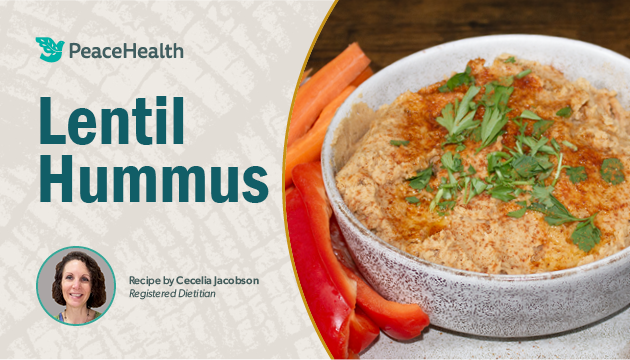 bowl of lentil hummus and dietitian Cecelia Jacobson