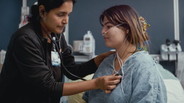 A caregiver attentively listens to a patient's internal organs through a stethoscope
