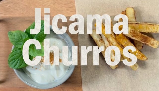 cinnamon-sprinkled jicama sticks next to bowl of yogurt dip