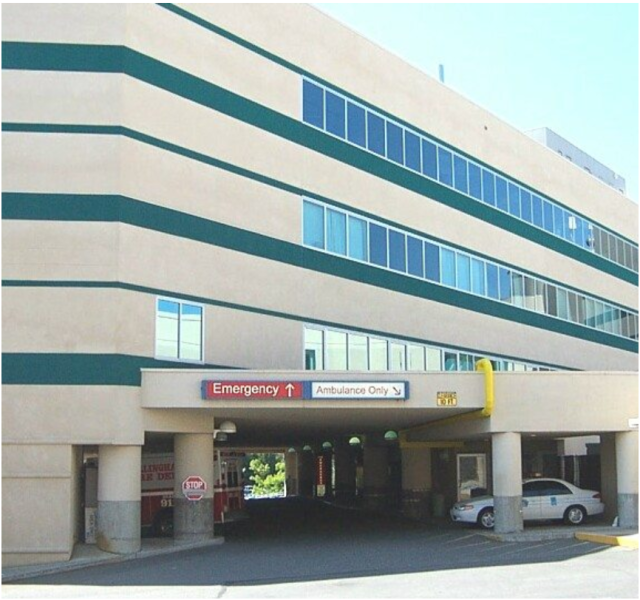 Front exterior view of the St. Joseph Medical Center Emergency Room entrance in Bellingham, Washington