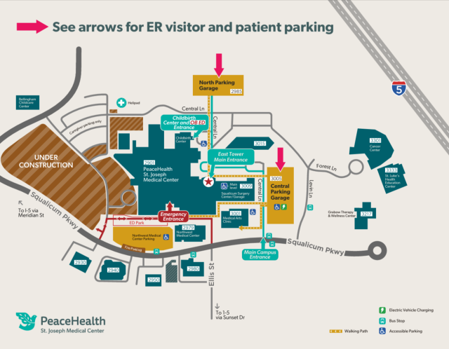 Map of ER visitor and patient parking at St. Joseph Medical Center during July 2026 construction