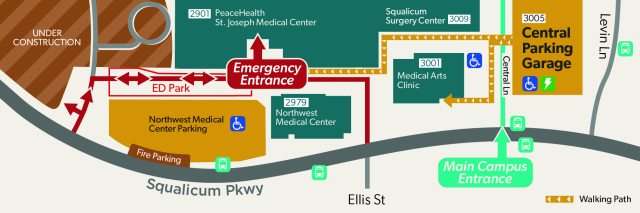 Zoomed-in map of ER visitor and patient parking at St. Joseph Medical Center during July 2026 construction