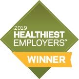 Green diamond shape with the words "2019 Healthiest Employers Winner"