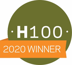 Round green and orange icon with the words, "2020 H100 Winner"
