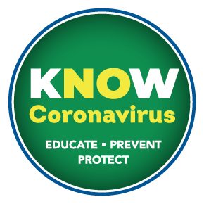 Round green icon with the words "Know Coronavirus, Educate - Prevent - Protect"