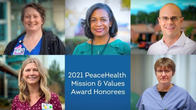 Composite image of five portraits of the 2021 PeaceHealth Mission & Values Award Honorees