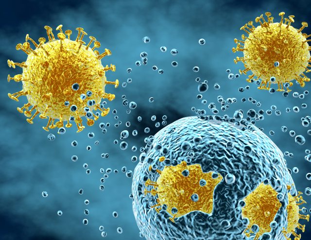 Coronavirus cells with blue and yellow coloring