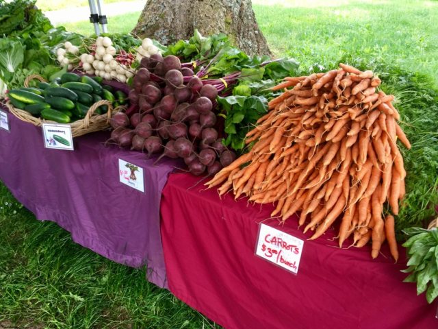 A farm stand with bunches of carrots, beets, cucumbers and other vegetables piled on top