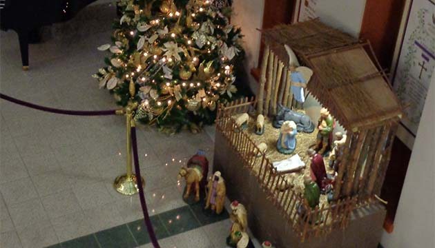 Overhead view of nativity scene and christmas tree