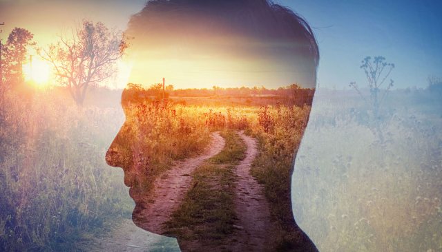 Stylized image showing the translucent silhouette of a head against a sunsetting landscape