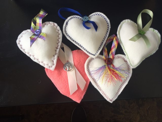 felt hearts created by Whatcom Hospice volunteers to share with families